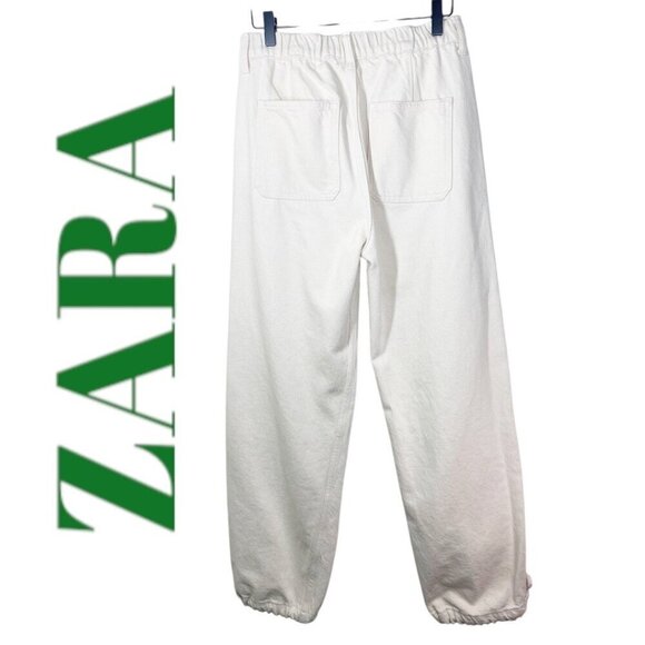 ZARA Ivory Cream 100% Cotton Wide Leg High Rise Drawstring Cuff Jeans, Size Smal - Picture 2 of 12
